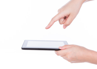  Woman hand using a touch screen device against white background