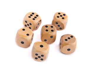 Wooden dice for board game isolated on white background