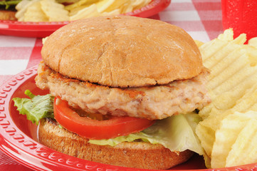 Chicken or turkey burger on a picnic table
