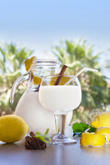 Leche merengada, jarra y copa.