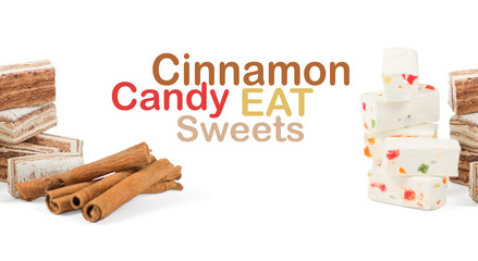Sweets and cinnamon sticks isolated on white background