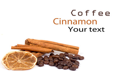 coffee beans, cinnamon and lemon isolated on white