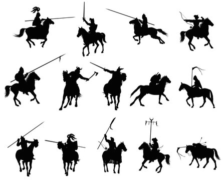 Horseman warriors vector  silhouettes set