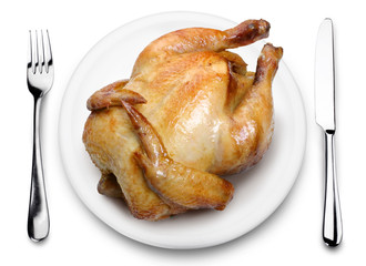 Roast chicken on a plate.