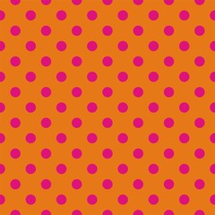 Pink polka dots seamless vector pattern with orange background