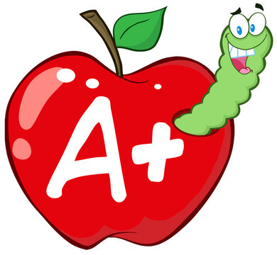 Happy Worm In Red Apple With Leter A+
