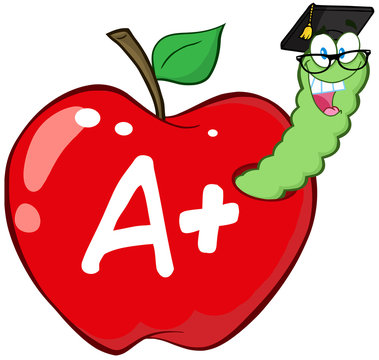 Worm In Red Apple With Graduate Cap,Glasses And Leter A+