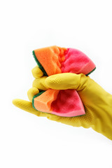 Hand with rubber glove and cleaning sponge on white background