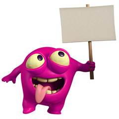 pink monster holding placard