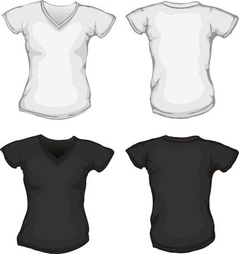 black white female v-neck shirt template