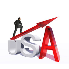 Conceptual 3D red glass USA symbol with arrow pointing