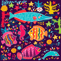 Naklejka premium Vector wallpaper with fish and marine life
