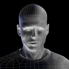 High resolution 3D wireframe human male head isolated on black