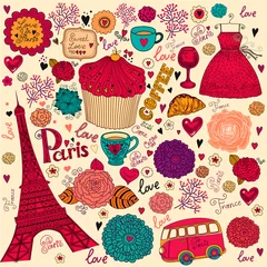Velvet curtains Doodle Set of Paris symbols