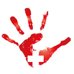 High resolution red painted hand with a white cross for medicine