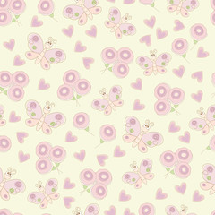 retro romantic seamless with butterflies, flowers and hearts