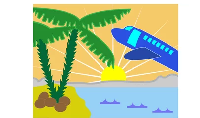 Keuken foto achterwand Vliegtuigen Tropisch vakantie-eiland met strand en vliegtuig
