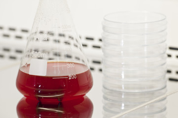 Botella de cristal con químico rojo y placas