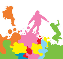 Fototapeta premium Girls, kids jumping vector silhouette set background