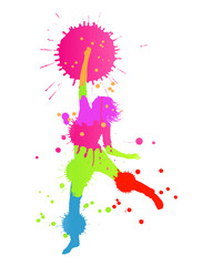 Fototapeta na wymiar Colorful bright ink splashes and happy person vector background