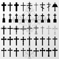 Vintage old cemetery crosses and graveyard cross silhouettes ill