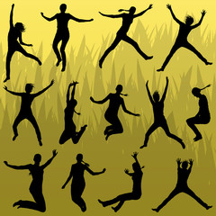 Young woman silhouettes jumping in the summer air background vec