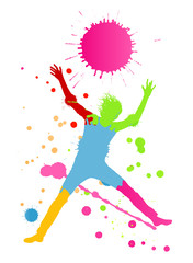 Plakat Colorful bright ink splashes and happy person vector background