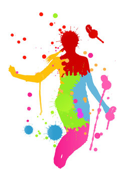 Colorful bright ink splashes and happy person vector background