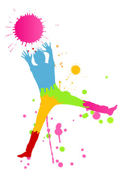 Colorful bright ink splashes and happy person vector background