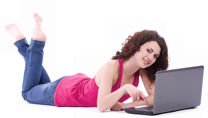 Beautiful smiling woman with computer PC