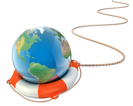save the earth 3d concept - globe with lifebuoy isolated