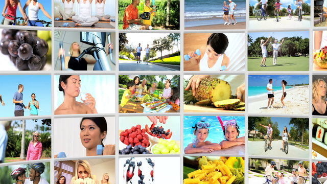 Montage 3D video wall of fitness images and healthy eating