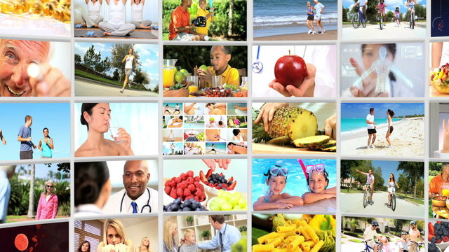 Montage 3D video wall of fitness images and healthy eating