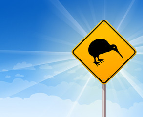 Kiwi Bird Yellow Sign on Blue