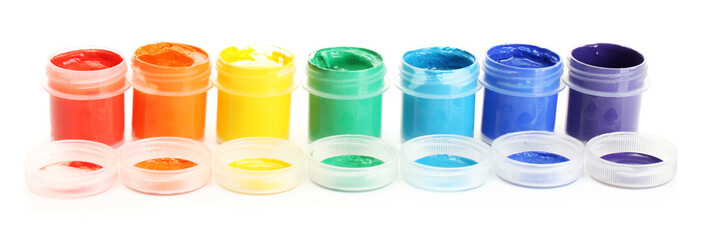 jars with multicolored gouache isolated on white background