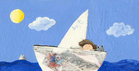 Little boy and cat sailing
