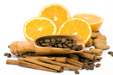 orange, coffee, cinnamon and almonds