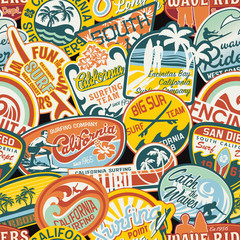California vintage stickers seamless pattern - obrazy, fototapety, plakaty