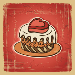 Vector illustration of cake in retro style. Vintage card.