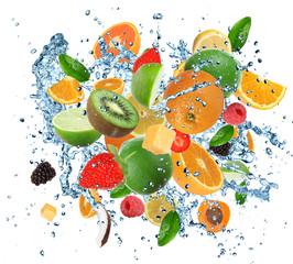 Fresh fruits in water splash  on white background