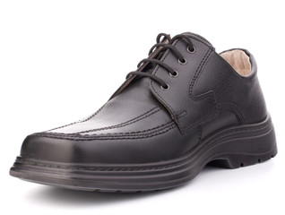 Black glossy man’s shoe with shoelaces