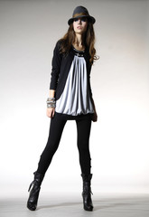full-length fashion model in hat modern dress posing