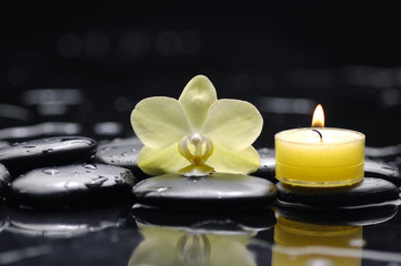spa scene -burning spa candle with orchid and stones