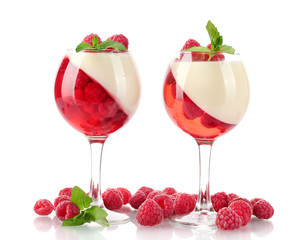 fruit jelly with raspberries in glasses isolated on white