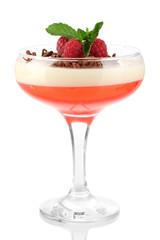 fruit jelly with chocolate and raspberries in glass isolated