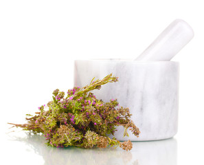 Thyme herb and mortar isolated on white