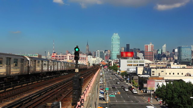 New York City skyline from subway line in Queens