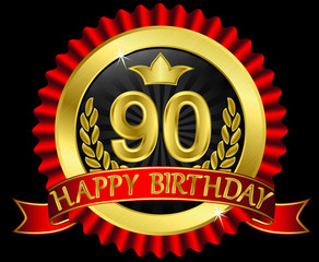 90 years happy birthday golden label with ribbons