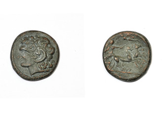 Ancient greek coin. Alexander the Great and Apollo