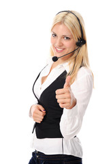 Junge blonde Frau mit Headset und Daumen nach oben